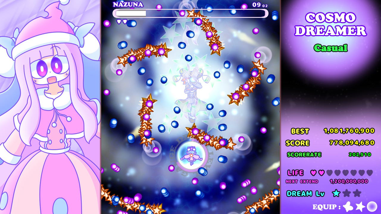 Game screen with character 'Nazuna' and game interface elements on a purple background