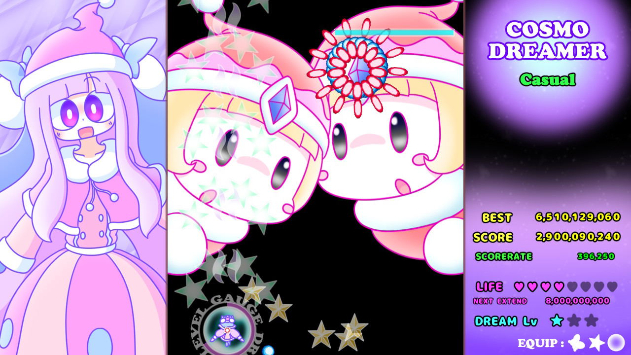 Cartoon character with pink hair and a purple outfit on a black background with stars.