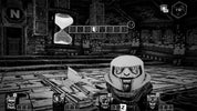 Black and white video game scene with a character in a room with text and symbols.