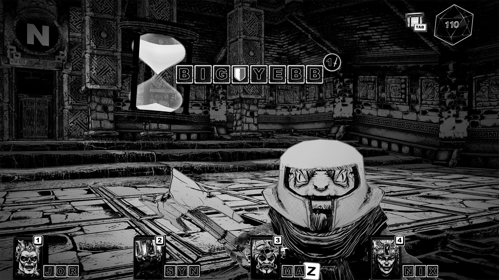 Black and white video game scene with a character in a room with text and symbols.