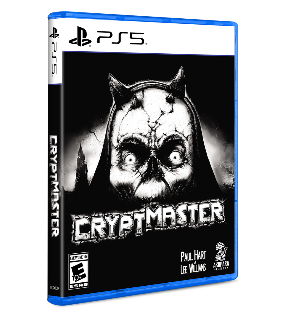 PlayStation 5 game case for 'Cryptmaster' with a black and white illustration of a hooded figure.