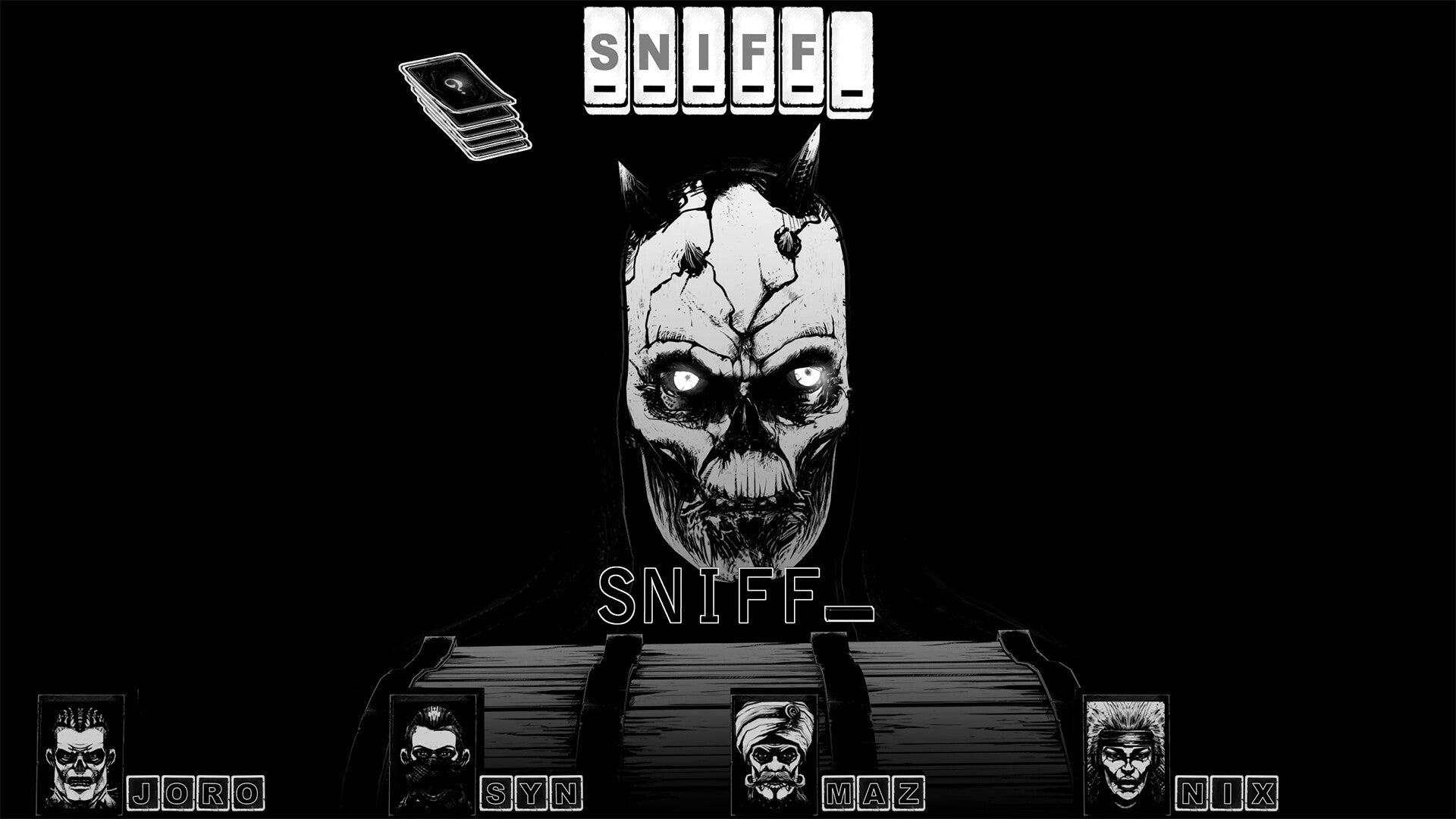 Black and white pixel art style image with a central skull-like figure and 'SNIFF' text.