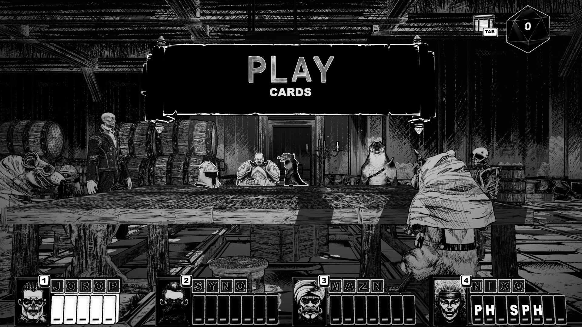 Black and white scene with people around a table, text 'PLAY CARDS' above, and various objects on a wooden floor.