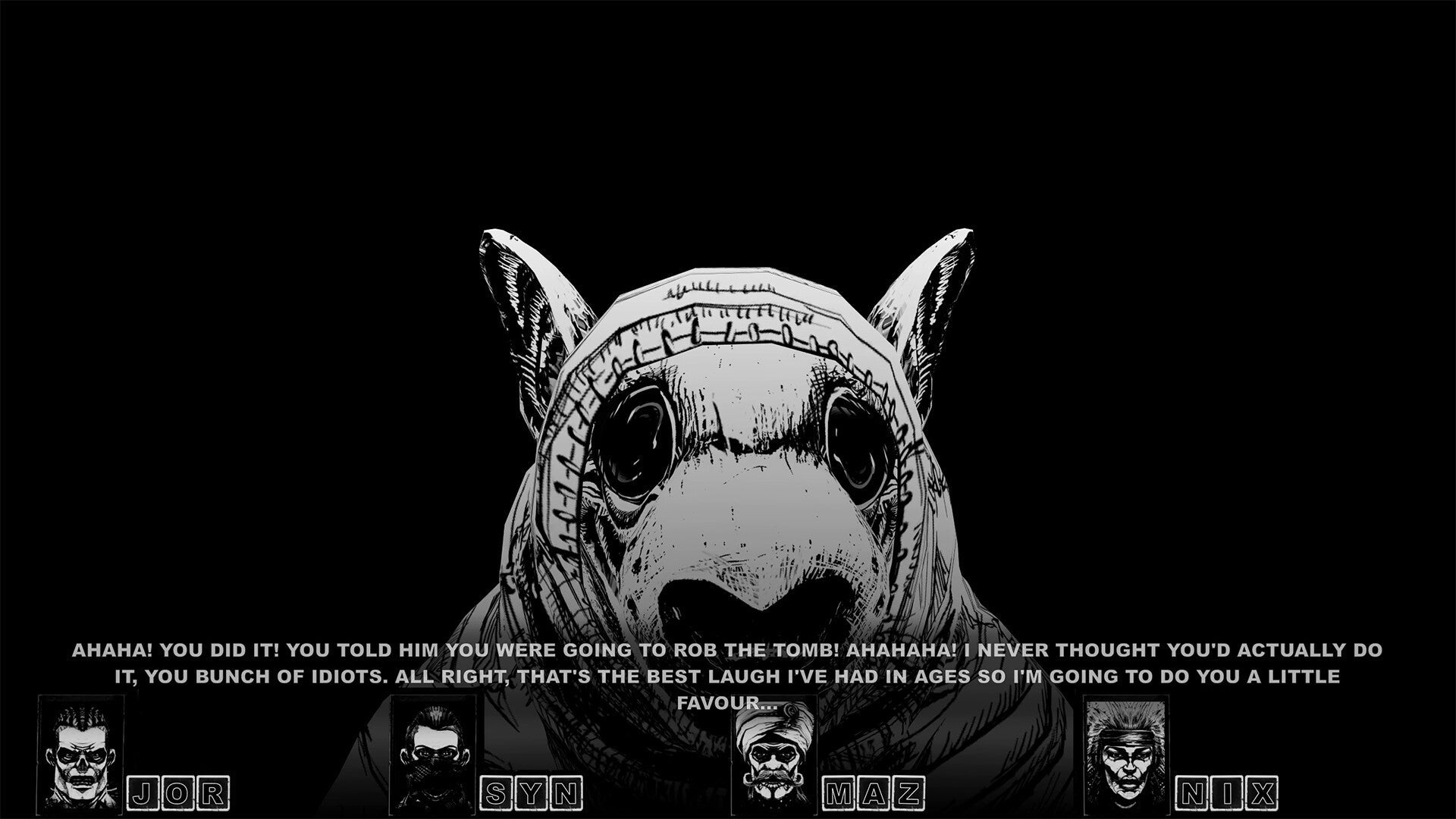 Black and white image of a character with a mask and text on a black background