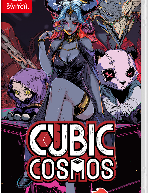 Nintendo Switch game case cover for Cubic Cosmos, featuring stylized fantasy artwork with a horned woman, a panda-like creature, and a purple hooded figure. The Nintendo Switch logo appears in the top-left corner, and the Leoful logo appears in the bottom-right.