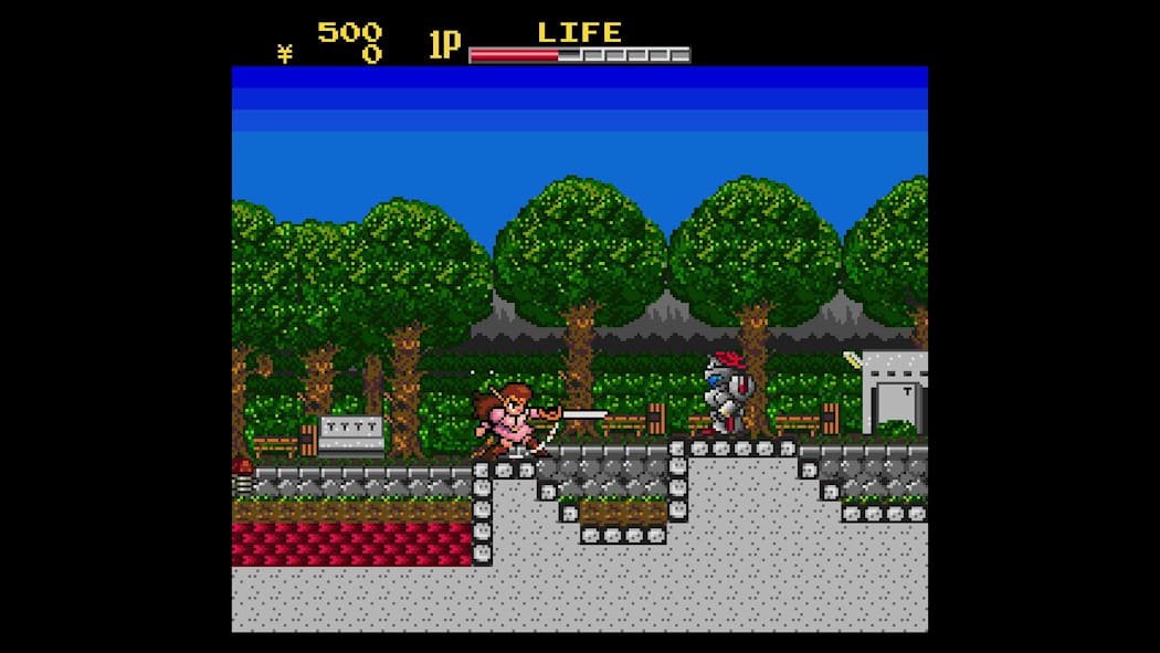 Pixelated video game scene with characters and health bar on a black background