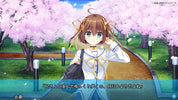 Animated character in a school uniform standing under cherry blossom trees with a dialogue box at the bottom.