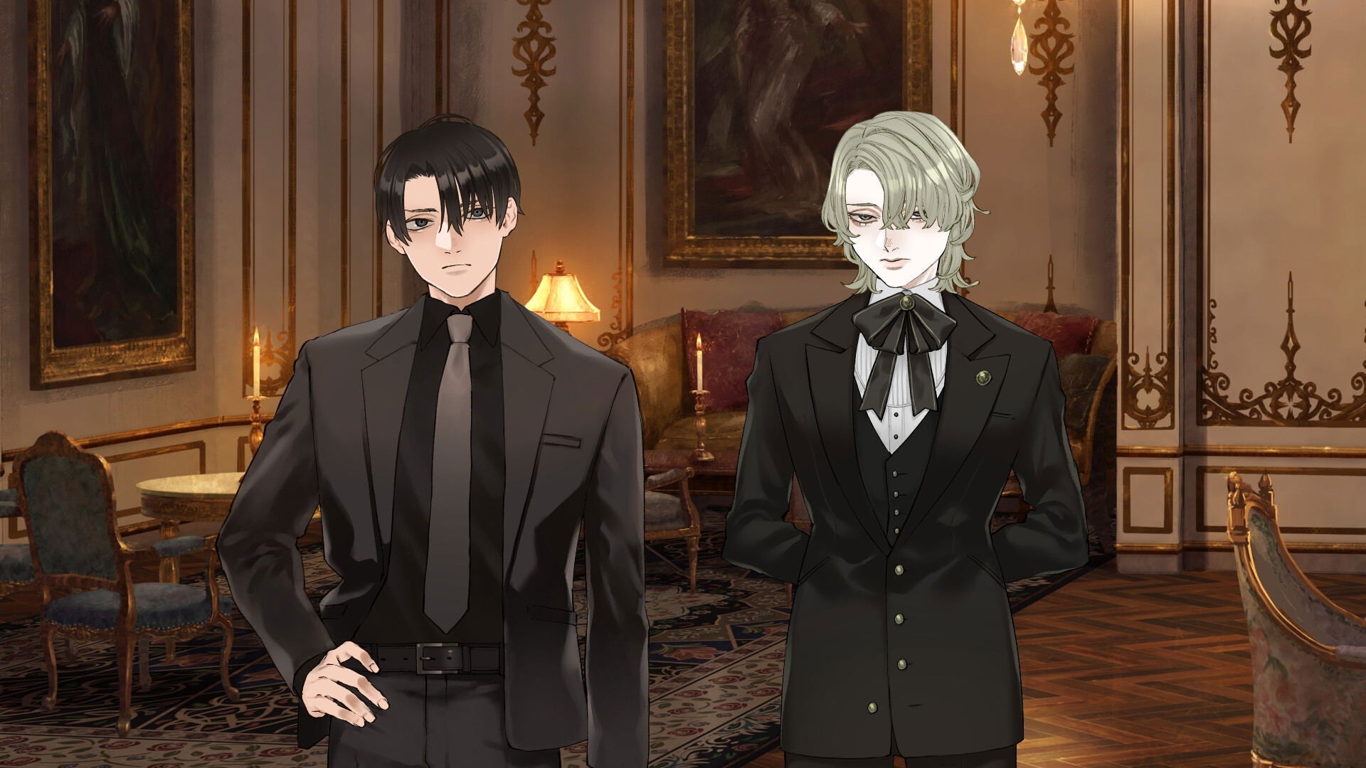 Two characters in formal attire standing in an elegant room with classical decor.