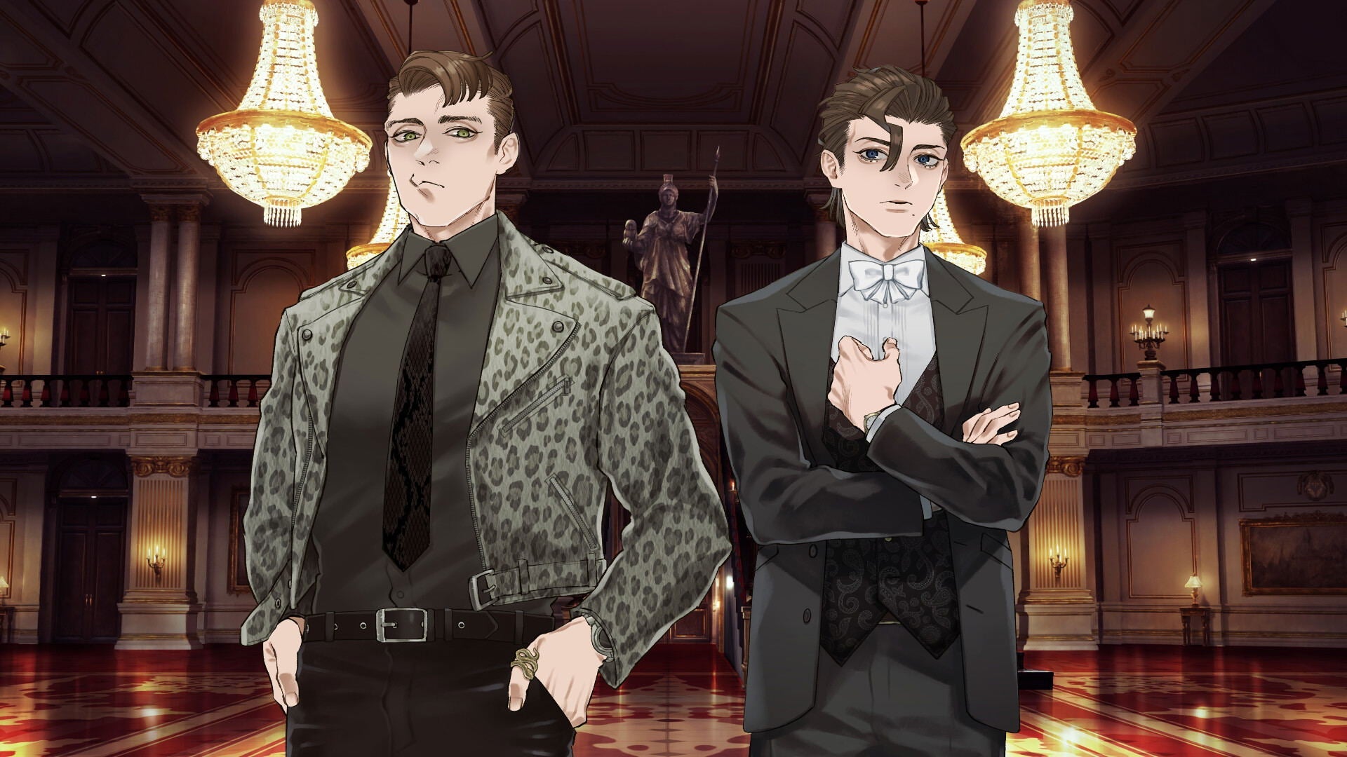 Two men in formal attire standing in a grand hall with chandeliers.