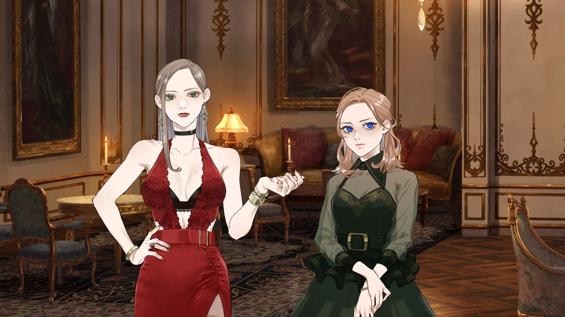 Two animated characters in a luxurious room with ornate decor.
