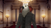 Animated parrot character in a formal suit standing in an elegant room with chandeliers.