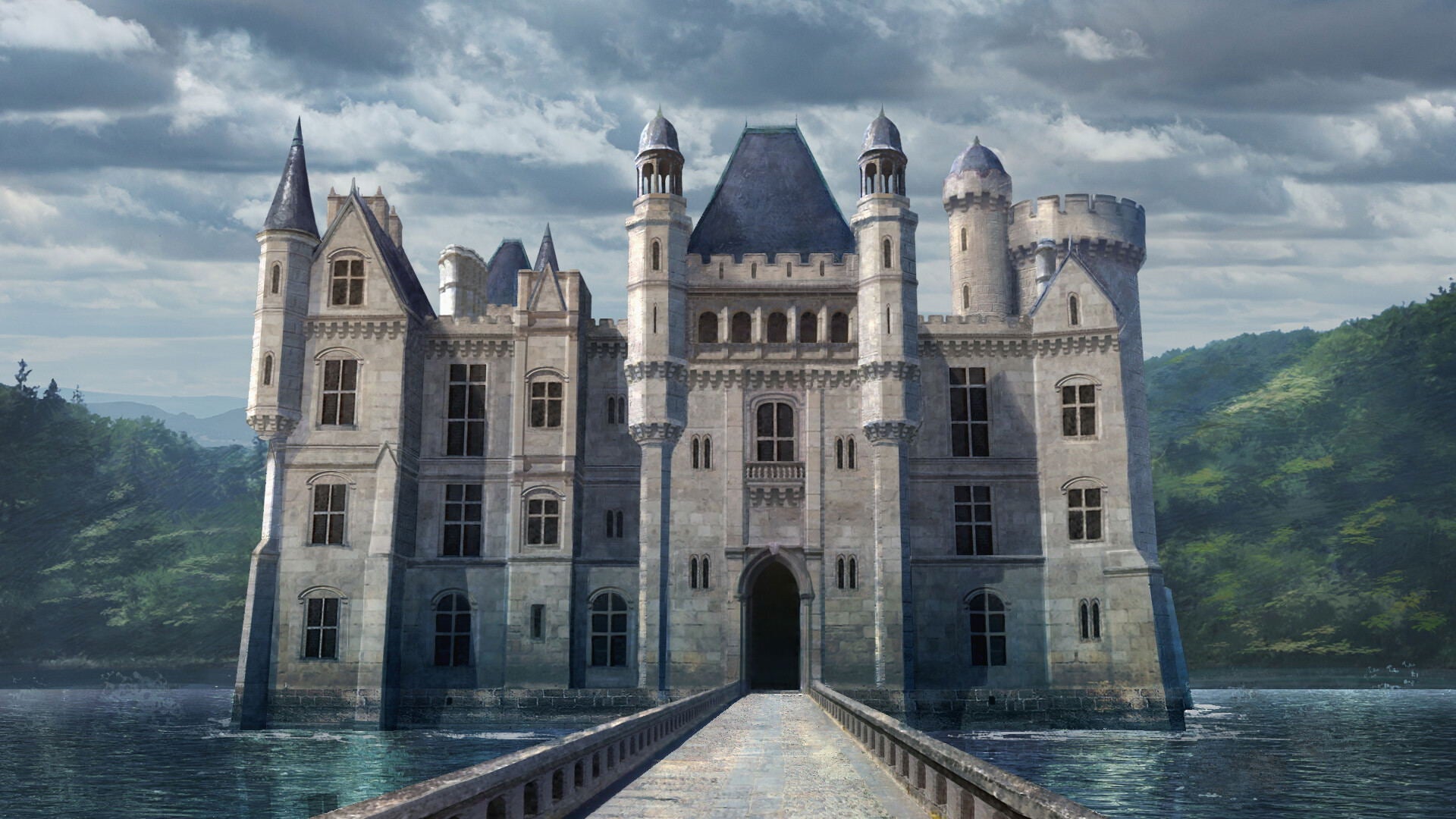 Fantasy castle with turrets and a moat surrounded by greenery