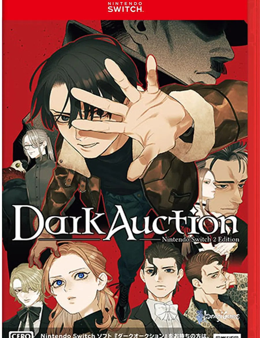 Nintendo Switch game case for 'Dark Auction' with character illustrations on a red background