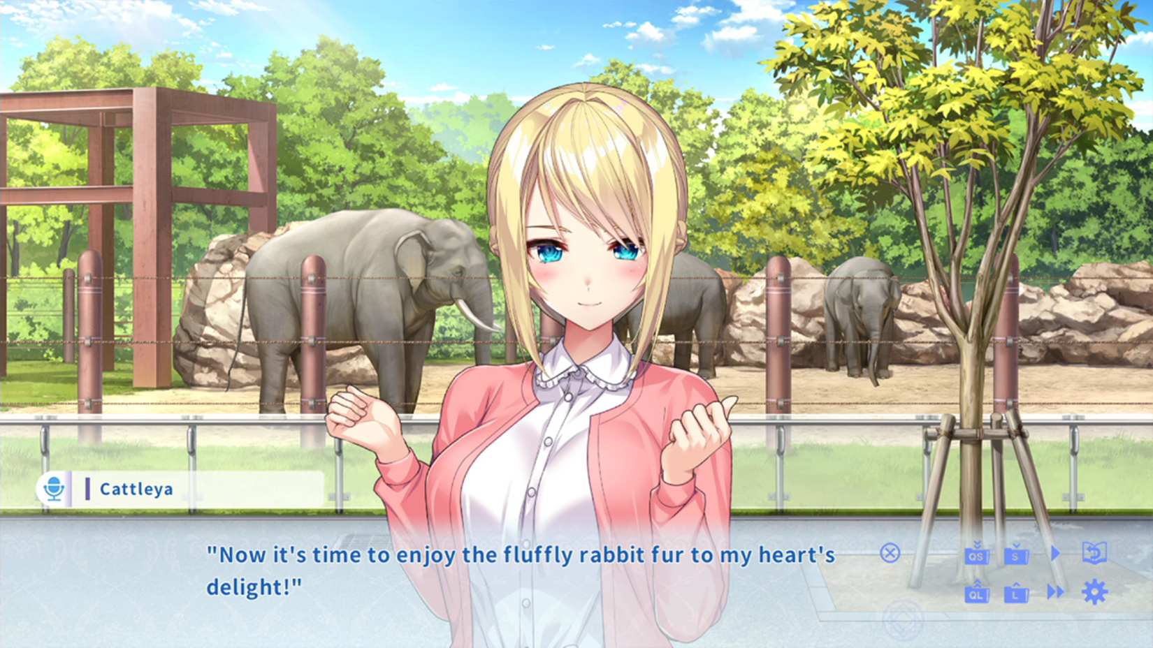 Anime-style character in a park with elephants in the background