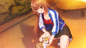 Anime character sitting on a wooden floor with a small animal, surrounded by warm lighting.