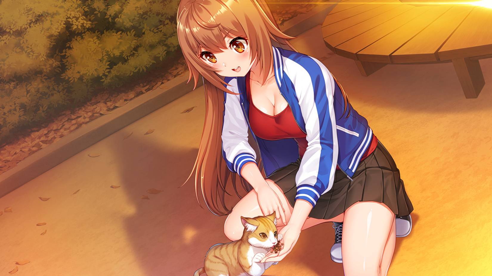 Anime character sitting on a wooden floor with a small animal, surrounded by warm lighting.