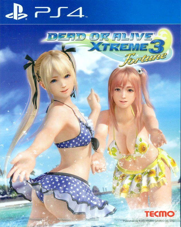 Game cover for 'Dead or Alive Xtreme 3 Fortune' on PS4 with two characters in swimsuits by a beach.