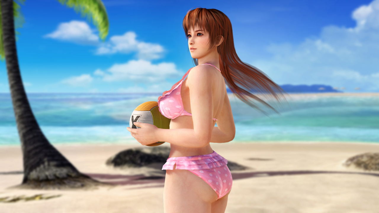 Woman in pink bikini holding a coconut on a tropical beach