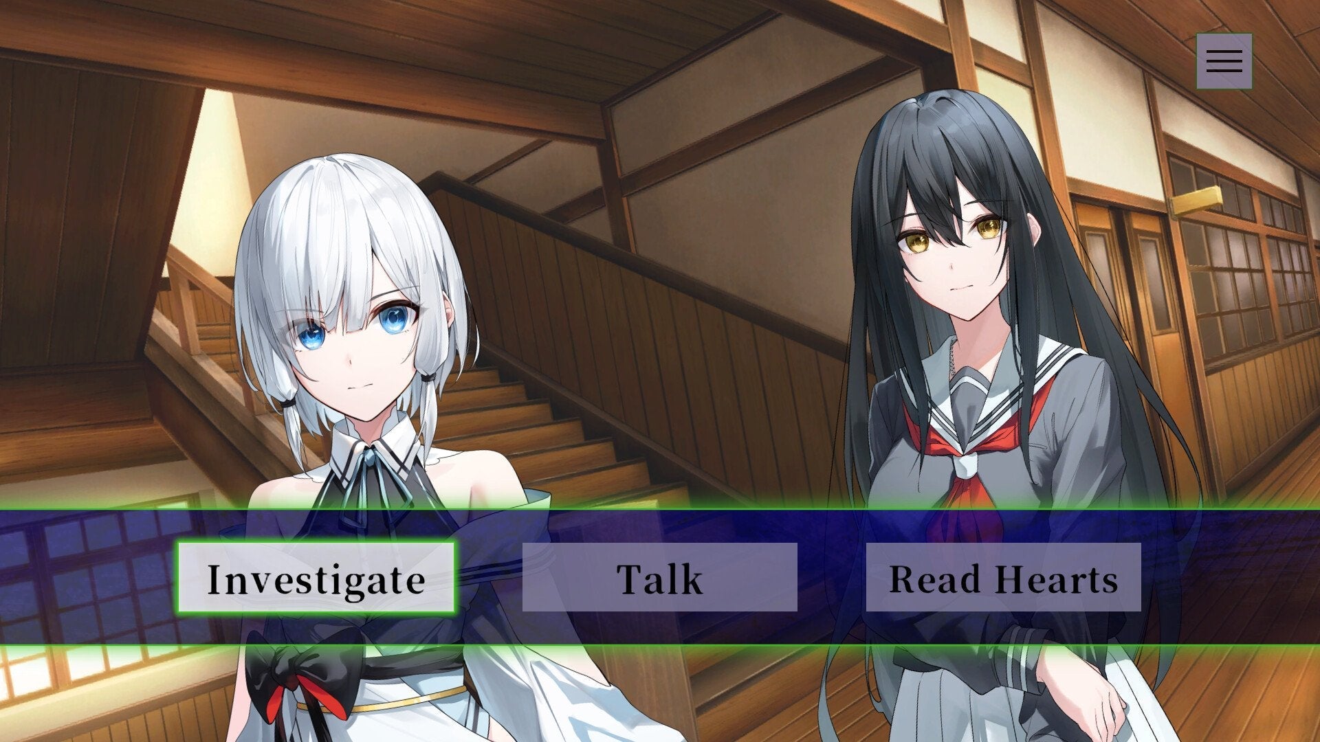 Two animated characters in a room with options 'Investigate', 'Talk', and 'Read Hearts' displayed.