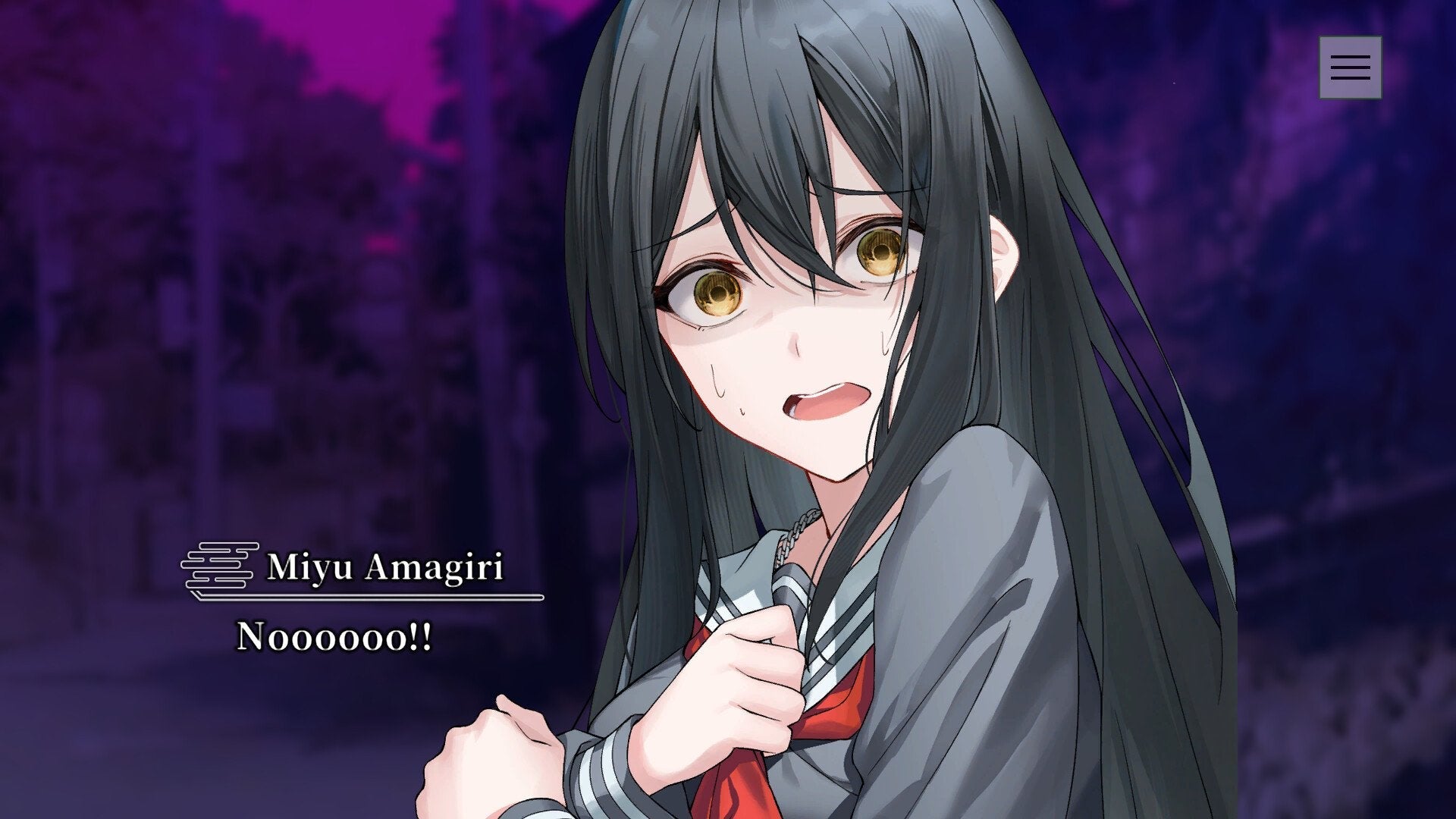 Animated character with long black hair and a school uniform in a dark, forest-like setting.