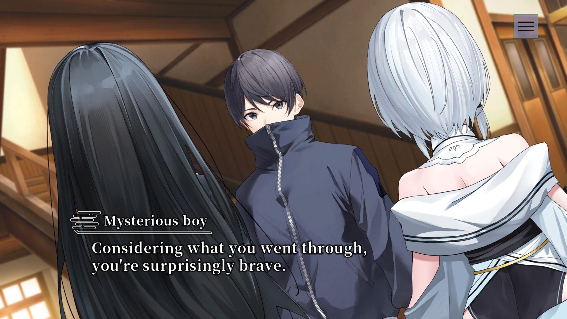 Three characters in a room with one character offering support to another.