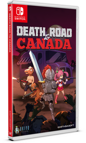 Video game case for 'Death Road to Canada' on Nintendo Switch with characters and vehicle illustration.