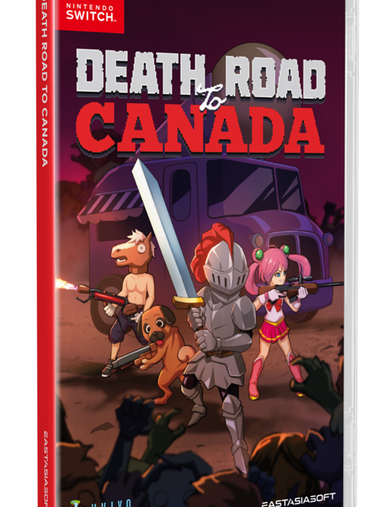 Video game case for 'Death Road to Canada' on Nintendo Switch with characters and vehicle illustration.