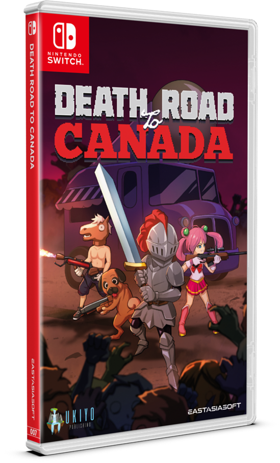 Video game case for 'Death Road to Canada' on Nintendo Switch with characters and vehicle illustration.