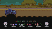 Pixel art game scene with a car on a road, trees, and player stats at the bottom.