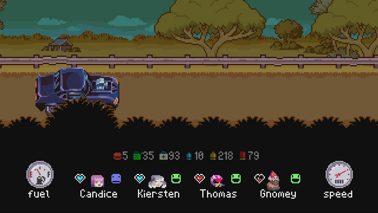 Pixel art game scene with a car on a road, trees, and player stats at the bottom.
