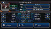Character customization screen with options for head, body, perk, trait, and additional settings in a pixel art style.