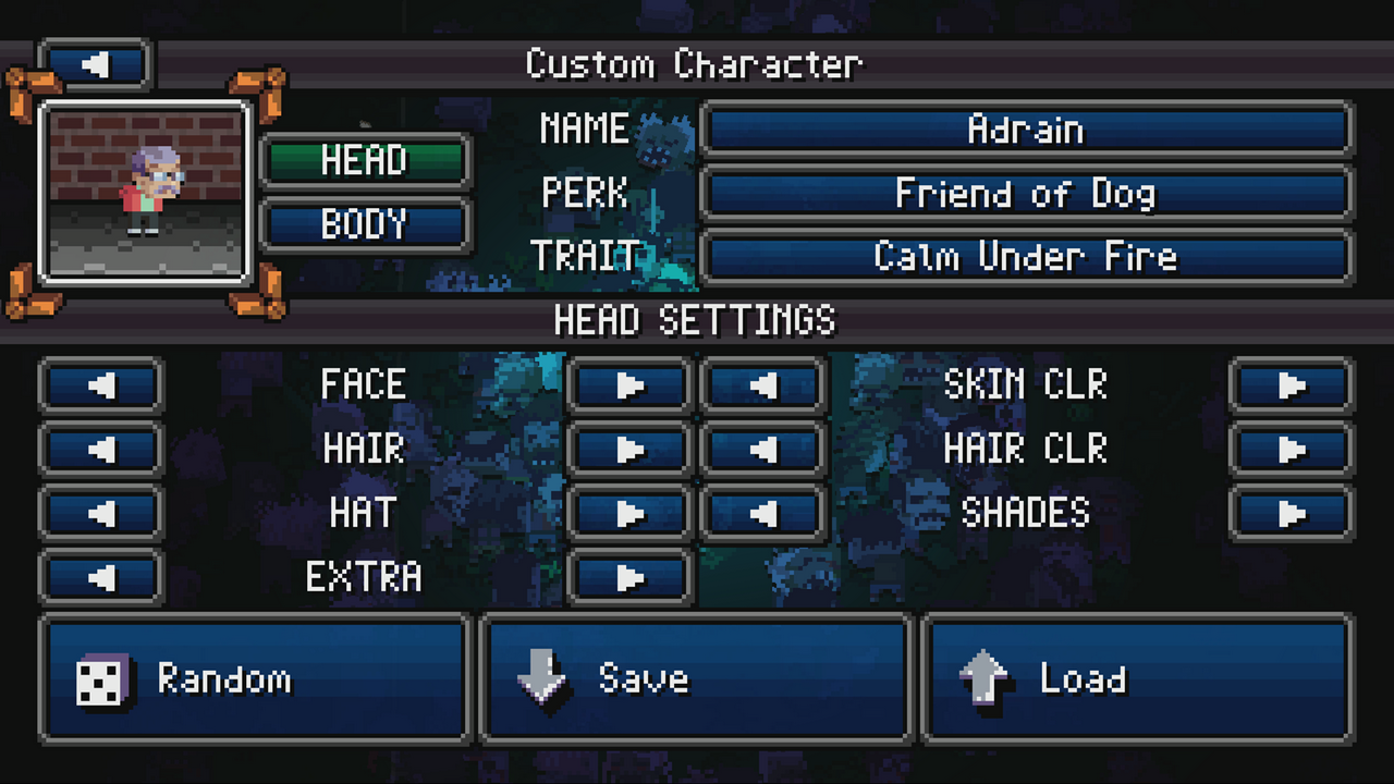 Character customization screen with options for head, body, perk, trait, and additional settings in a pixel art style.
