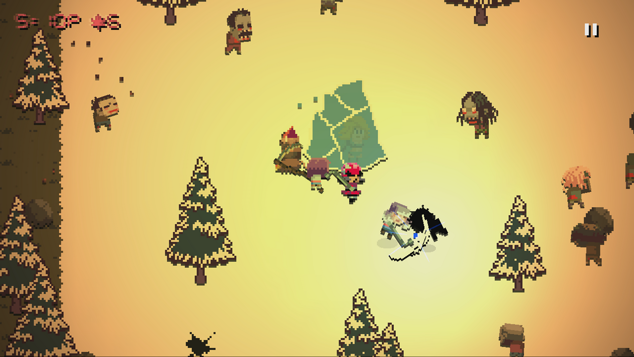 Pixel art scene with characters and trees on a yellow background