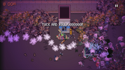 Pixelated game scene with characters and text on a purple background