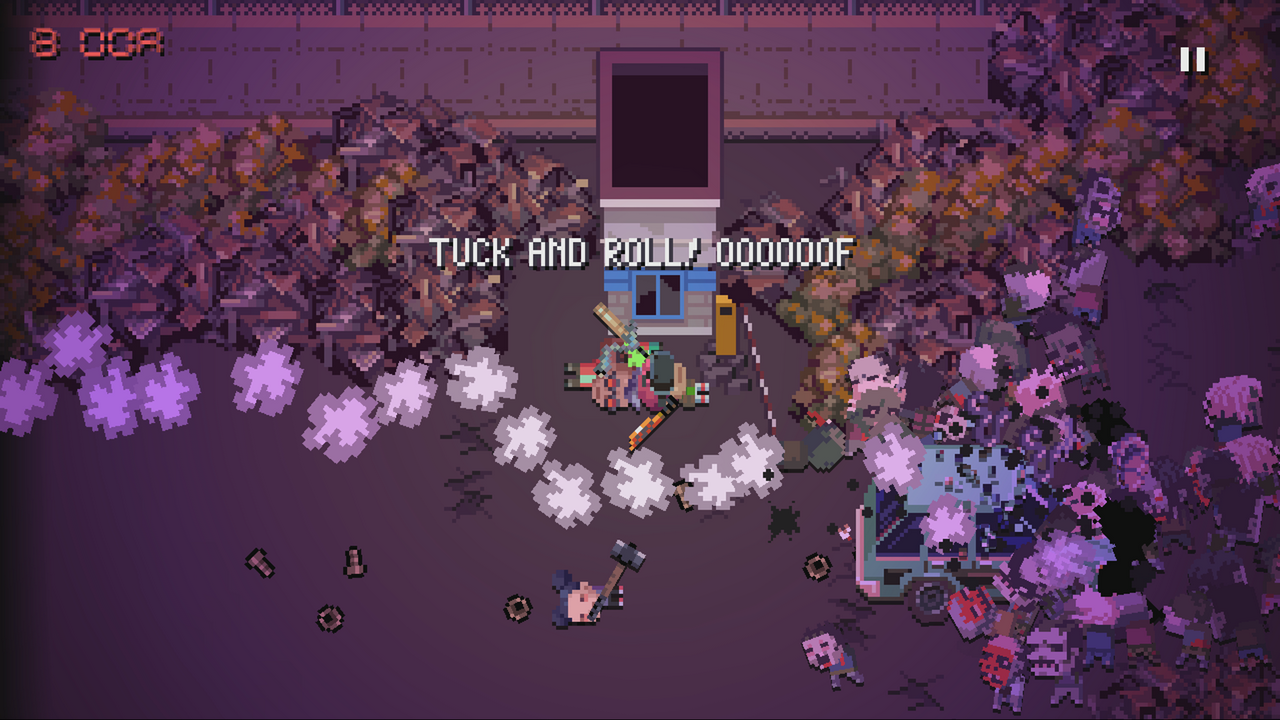 Pixelated game scene with characters and text on a purple background