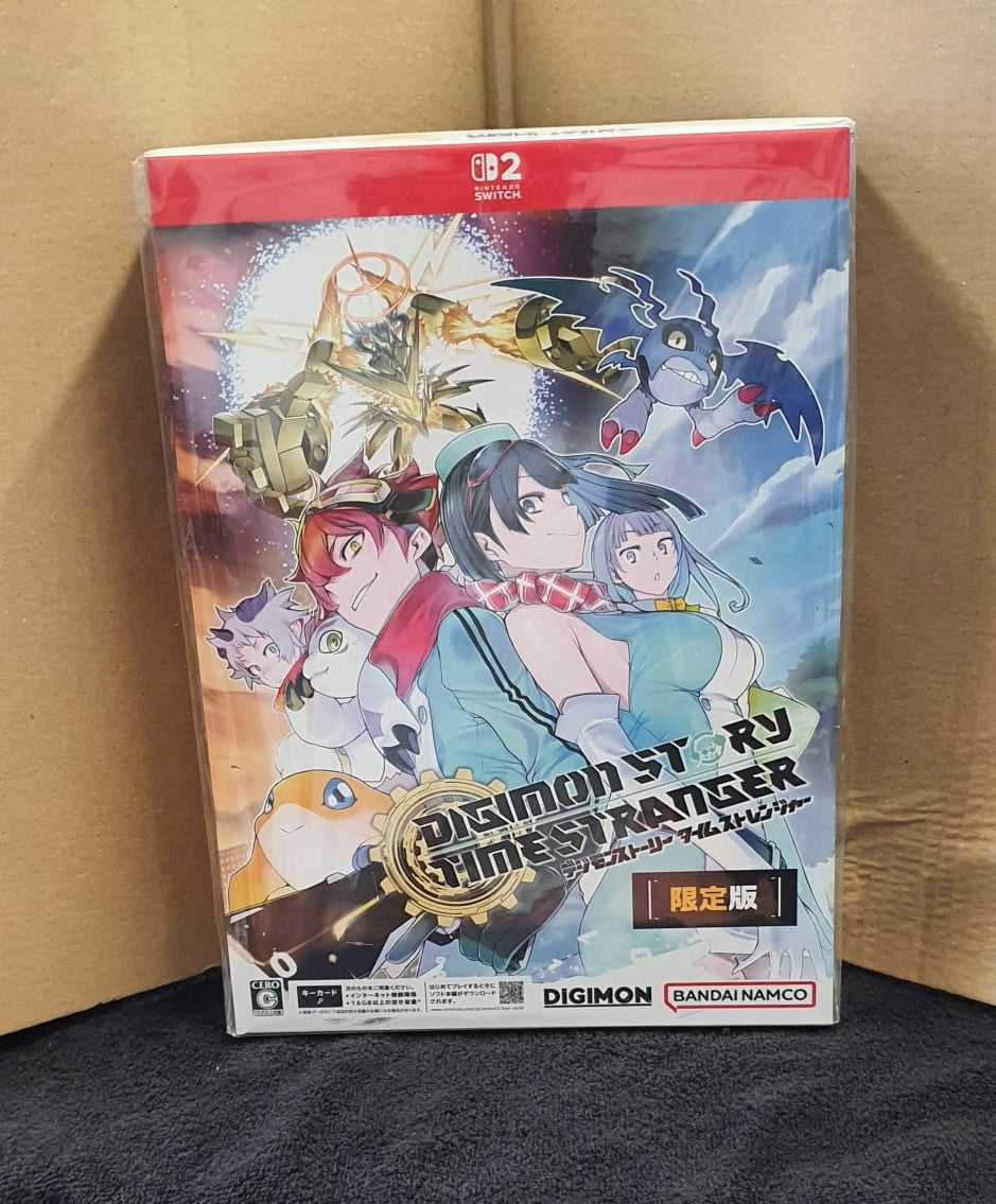 Nintendo Switch 2 digital game case for Digimon Story: Time Stranger, featuring anime character artwork and official DIGIMON and BANDAI NAMCO logos, photographed standing upright against a cardboard box background.