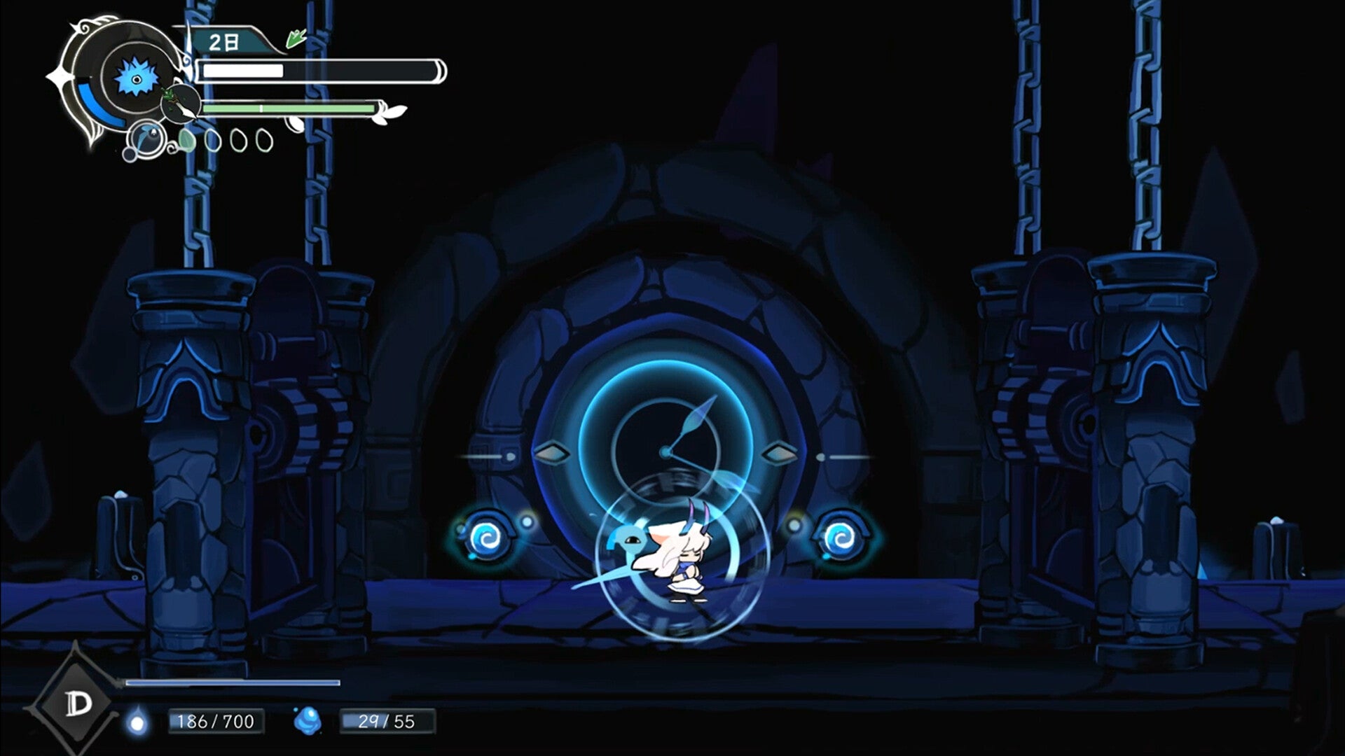 Dark, gothic-style room with mechanical elements and glowing blue light.