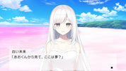 Anime character with white hair and a white dress standing on a beach with a blue sky and pink water.