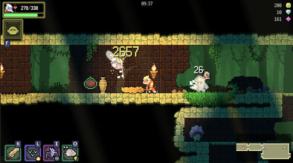 Pixel art game scene with characters and health bars on a dark background