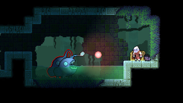 Pixel art scene from a video game with a blue creature and a character in a chair.