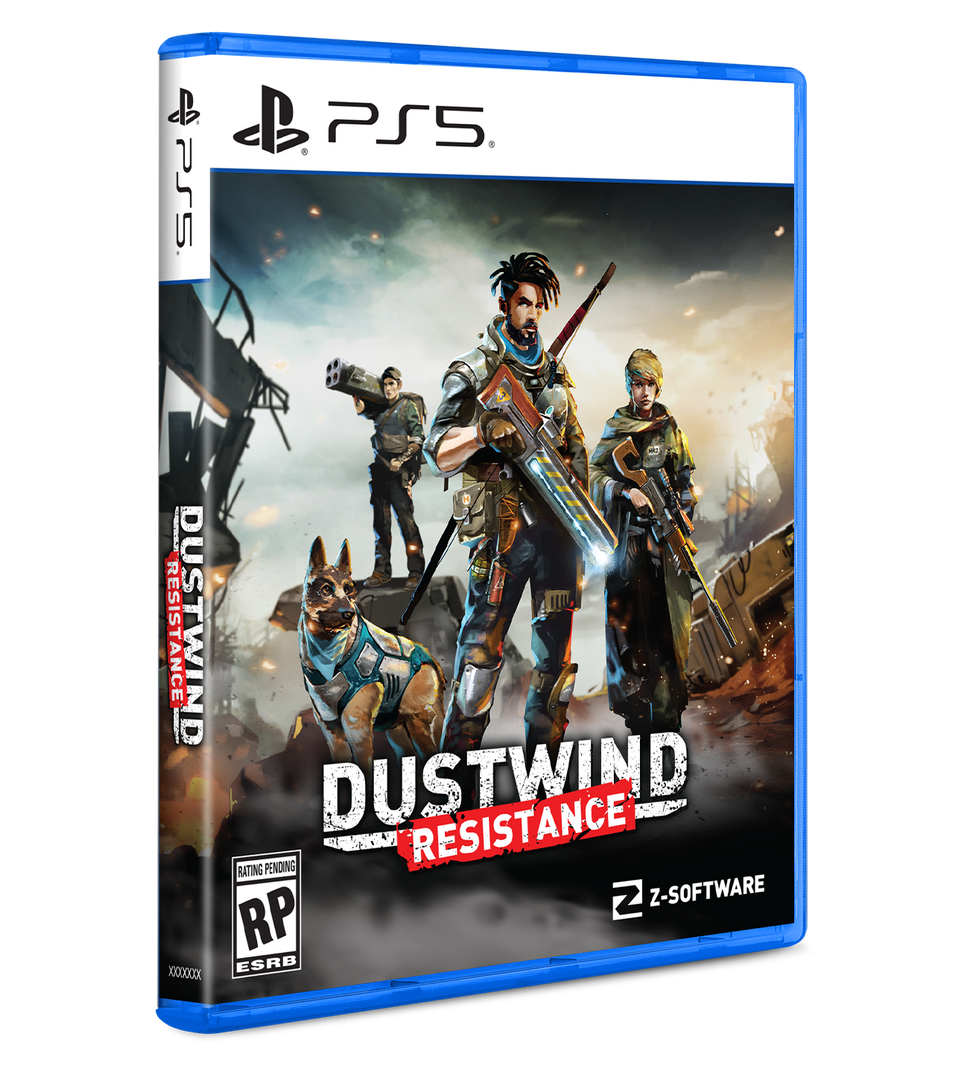 PS5 game case for 'Dustwind Resistance' with characters and dog on a white background