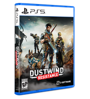 PS5 game case for 'Dustwind Resistance' with characters and dog on a white background