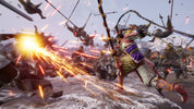 Animated scene of a warrior in traditional armor with sparks and other characters in the background