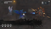 Game screen showing a character with a blue creature in a dark, action-packed scene.