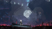 Character standing in a dark, dystopian landscape with large mechanical gears and a large circular window.