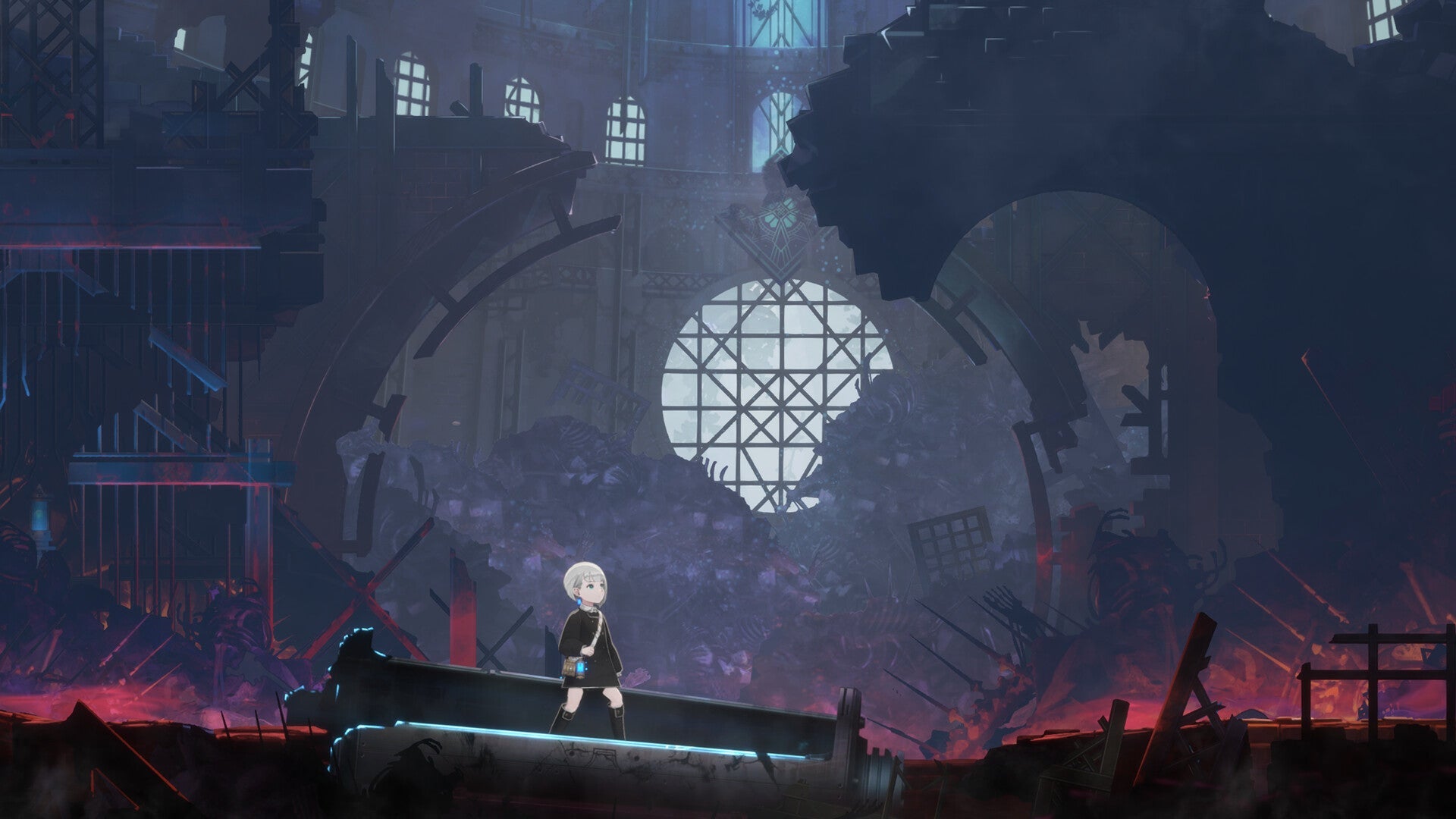 Character standing in a dark, dystopian landscape with large mechanical gears and a large circular window.