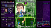 A retro video game character selection and HUD interface screen with a central portrait of Yusuke Sagami, green target graphics, weapon stats, and a dark purple background.