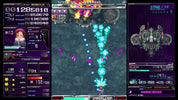 A screenshot of a retro sci-fi arcade game with a dark purple UI, showing a central laser beam battle, a character portrait, and a ship graphic on the right side.