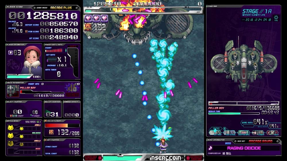 A screenshot of a retro sci-fi arcade game with a dark purple UI, showing a central laser beam battle, a character portrait, and a ship graphic on the right side.