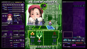 A screenshot of a video game character selection and map interface with a green and purple HUD, anime-style character portraits, health bars, and in-game text such as 'PLAYER SELECT' and 'INSERT COIN'.